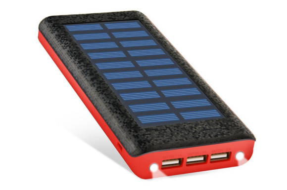 RuiPu ソーラーチャージャー モバイルバッテリー 24000mah大容量 電源充電可 QuickCharge急速充電対応 3USB出力ポート(2A＋2A＋1A) 二個LEDランプ搭載 太陽エネルギーパネル電池充電器 災害と外出に対応 (Red)