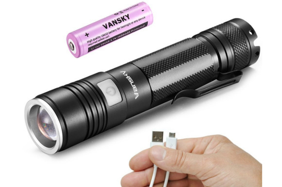 Vansky 超強力USB充電式ミニ懐中電灯 LEDライト ズーム式5モード調光可能 900ルーメン USBケーブル＆18650リチウム電池付属 ブラック
