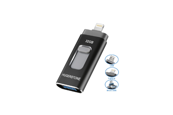 iPhone USBメモリ 32GB HUGERSTONE IOS フラッシュドライブ 3in1 メモリ 高速データ転送 Lighting OTG iPhone / Android / パソコン対応 IOS11対応 容量不足解消 一本三役 (32GB ブラック)